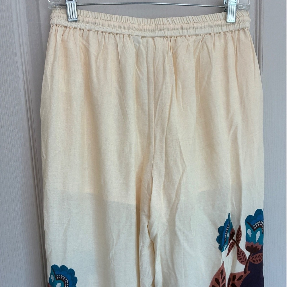 Farm Rio Anthropologie Floral Wide Leg Pants Cream Navy Blue Beaded Tassel Small - Picture 13 of 14